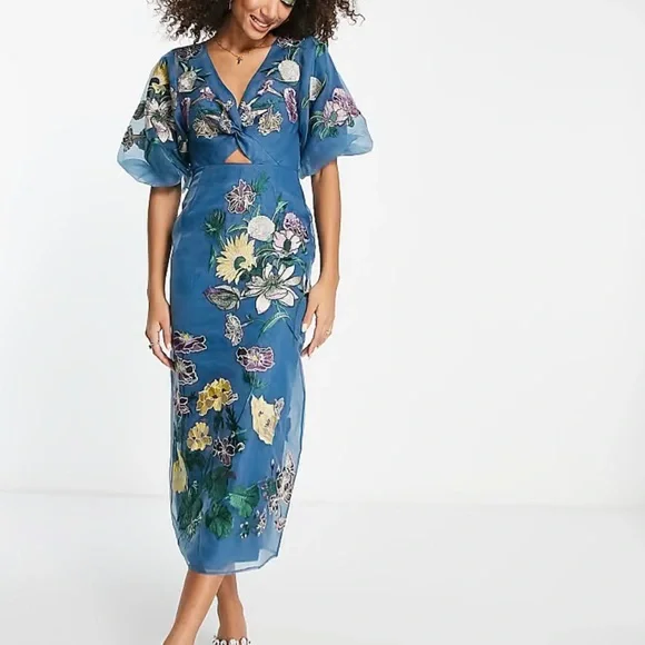 ASOS | Dresses | Asos Blue Embroidered Floral Flutter Sleeve Midi Dress |  Poshmark